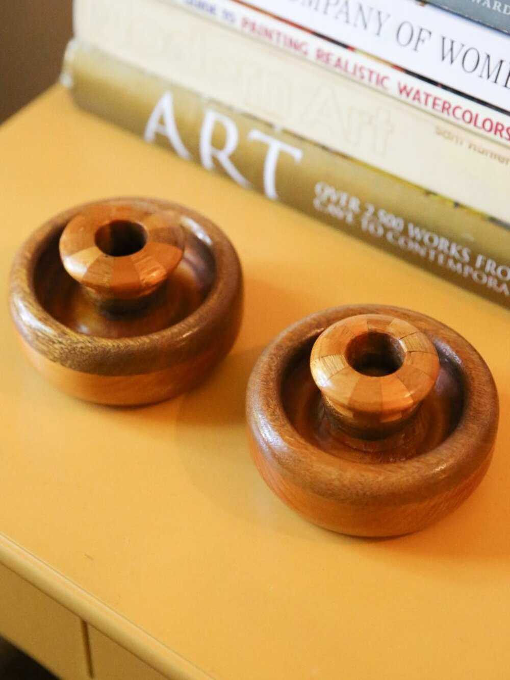 Pair of Vintage Mid-Century Modern Hand-Turned Wooden Candlestick Holders